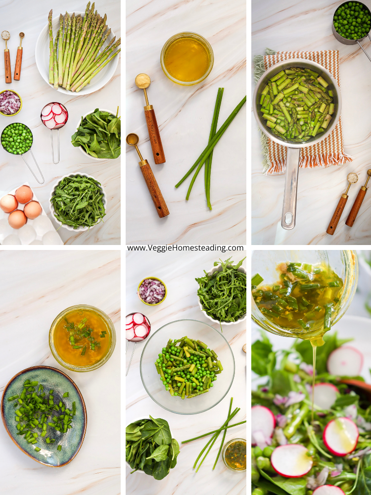 Colorful bowl of asparagus and pea salad with soft-boiled eggs, fresh herbs, and a light lemon dressing.