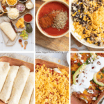Plated enchiladas with black beans, rice, and colorful garnishes for a healthy vegetarian dinner.