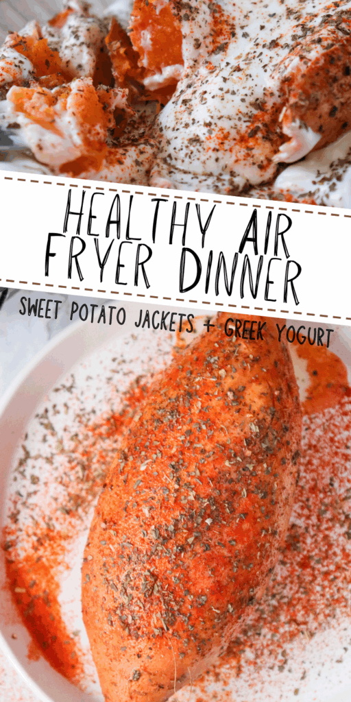 Close-up of baked sweet potato halves with Greek yogurt, perfect for a quick plant-based dinner.
