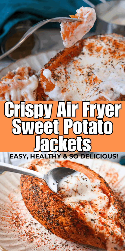Crispy air fryer sweet potato jackets topped with creamy Greek yogurt and herbs on a white plate.