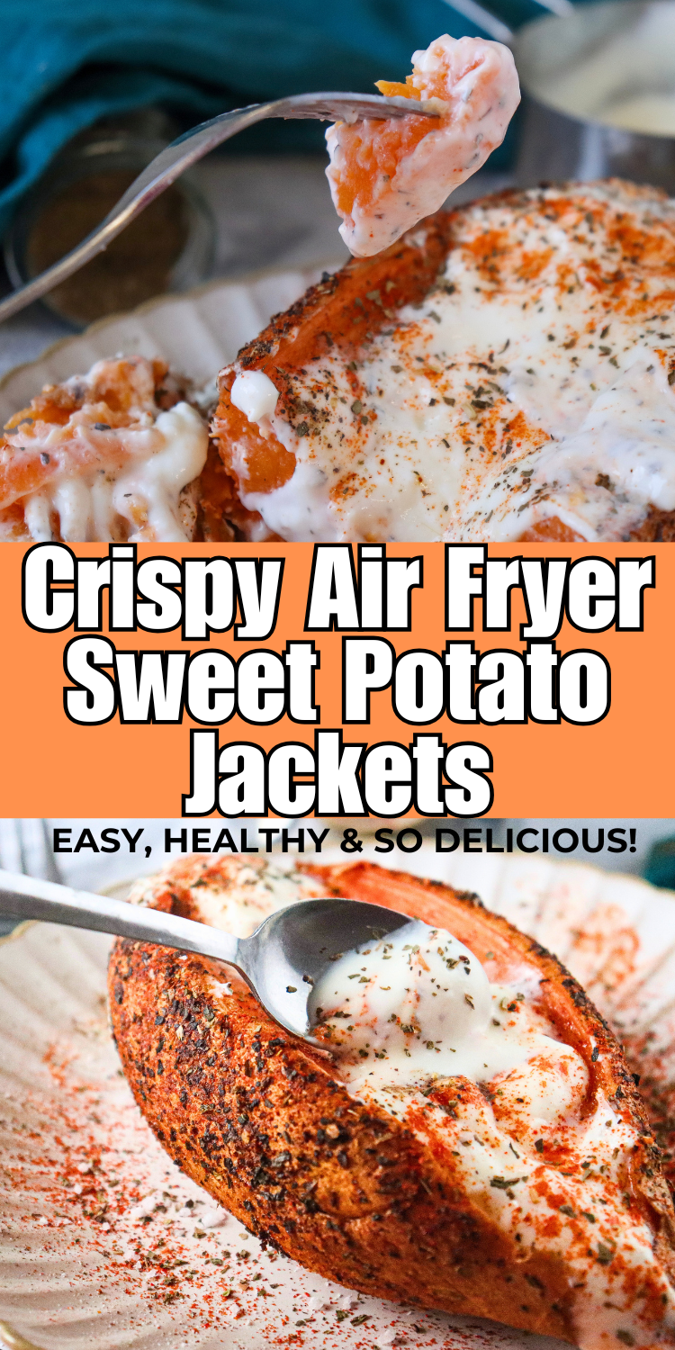 Crispy air fryer sweet potato jackets topped with creamy Greek yogurt and herbs on a white plate.