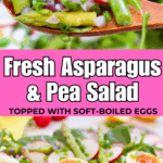 Close-up of vibrant spring salad with asparagus, peas, radishes, and creamy soft-boiled eggs.