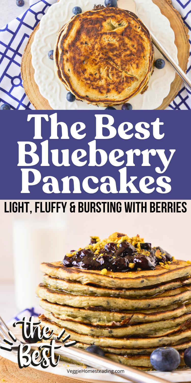 Plate of blueberry pancakes drizzled with homemade blueberry jam and sprinkled with nuts
