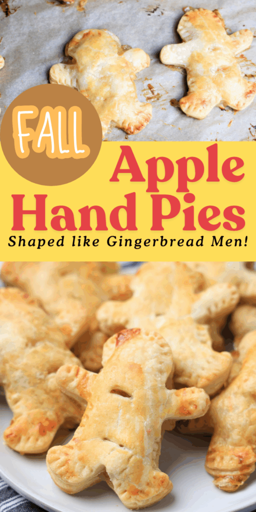 Unbaked gingerbread-shaped hand pies filled with apple pie filling on a floured surface.