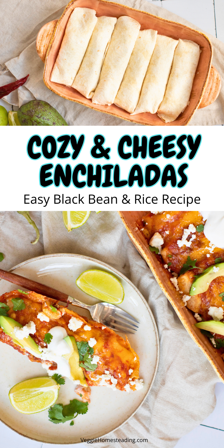 Close-up of vegetarian enchiladas with queso fresco, avocado, and lime wedges.