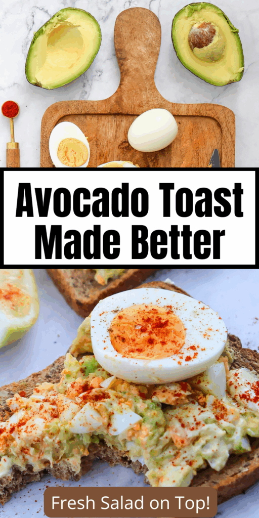 Quick vegetarian breakfast with mashed avocado and chopped eggs on crispy toast.