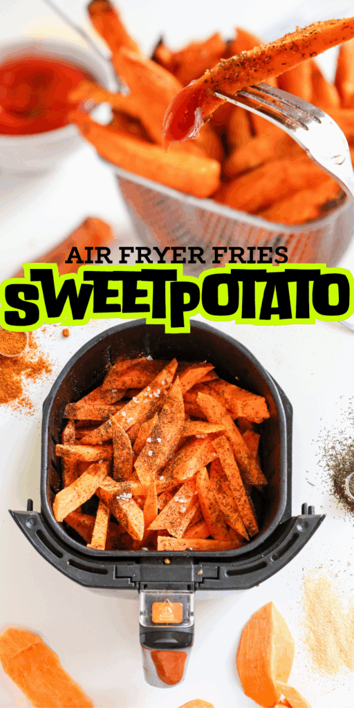 Golden brown sweet potato fries cooked in the air fryer, a quick and easy plant-based recipe for busy families.