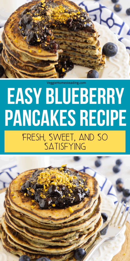 Close-up of golden blueberry pancakes with pistachio garnish