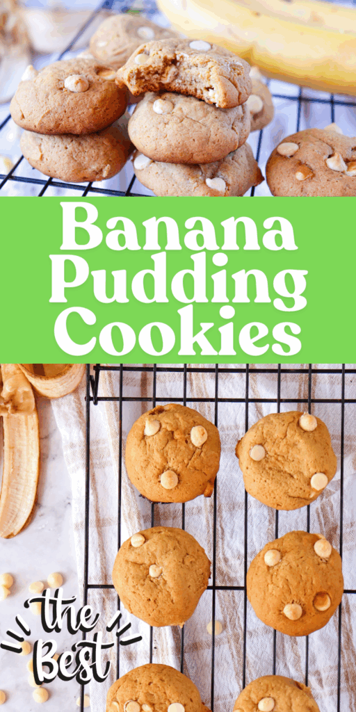 Freshly baked banana pudding cookies on a parchment-lined baking sheet, golden brown around the edges.