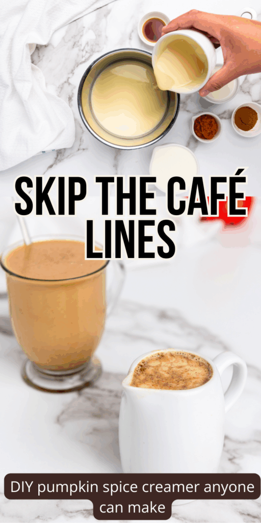 Creamy pumpkin spice creamer being poured into a cup of coffee, a quick and easy fall recipe made with real pumpkin and spices.