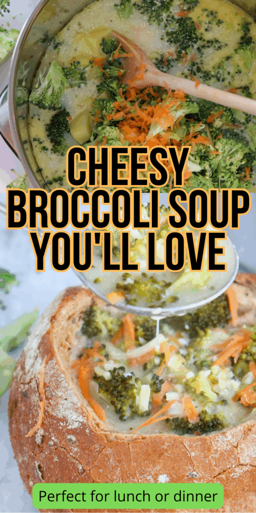 Creamy homemade broccoli cheddar soup served in a bowl with melted cheese on top, perfect for a cozy vegetarian dinner.