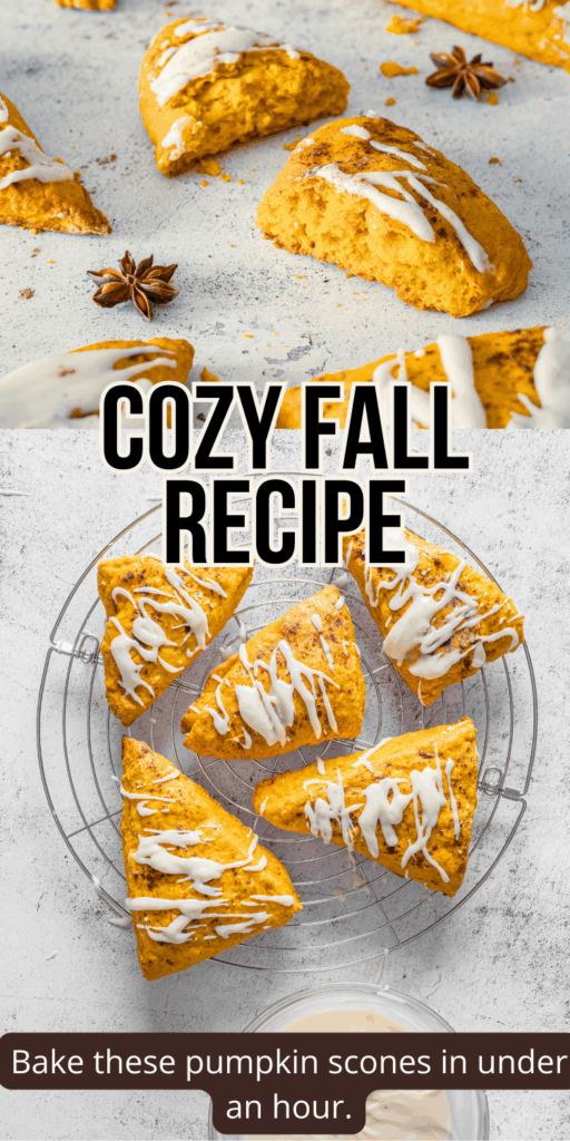 Freshly baked pumpkin spice scones drizzled with vanilla glaze, perfect for a cozy fall breakfast.