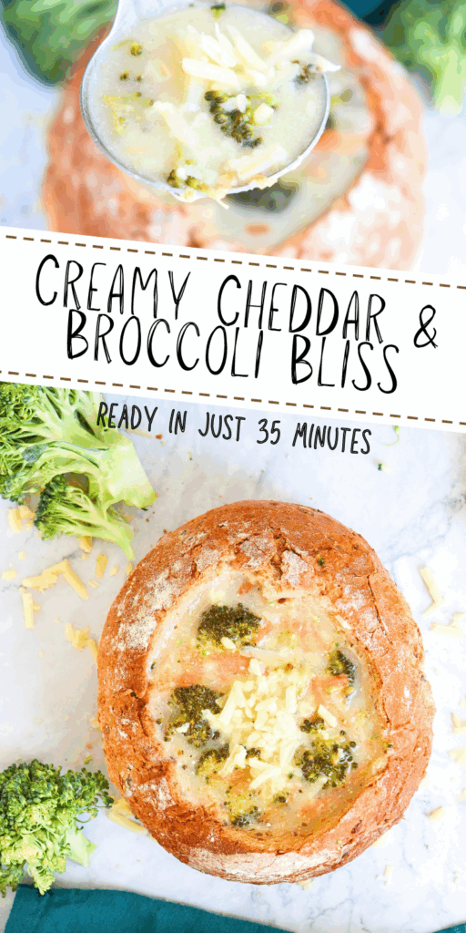 Comforting broccoli cheddar soup recipe, garnished with extra shredded cheddar and served with crusty bread on the side.