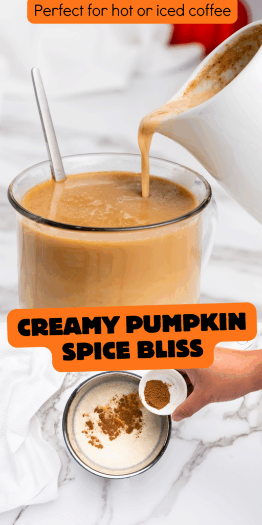 Homemade pumpkin spice coffee creamer in a glass jar with warm fall spices and pumpkin puree, perfect for hot or iced coffee.