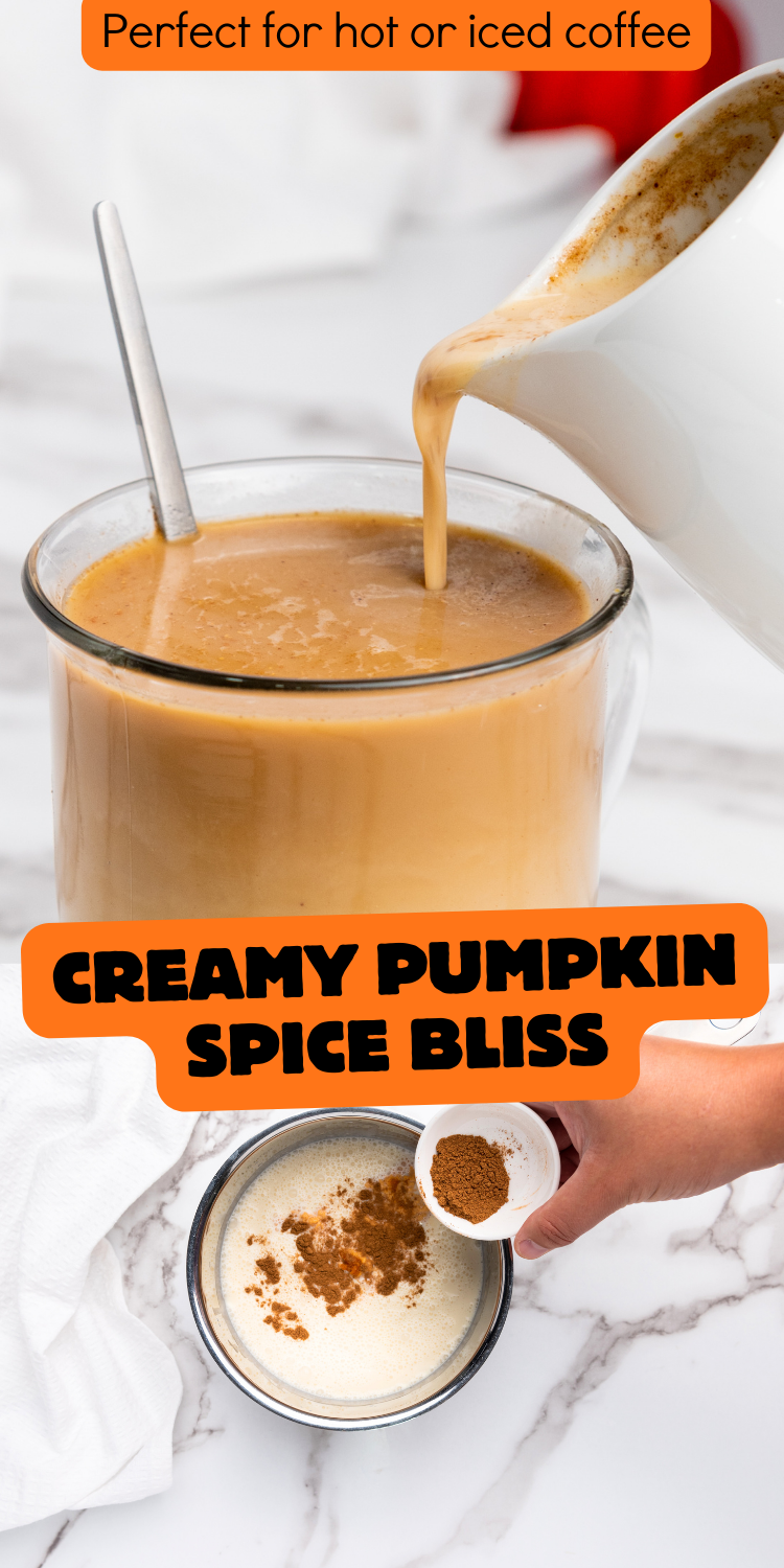 Homemade pumpkin spice coffee creamer in a glass jar with warm fall spices and pumpkin puree, perfect for hot or iced coffee.
