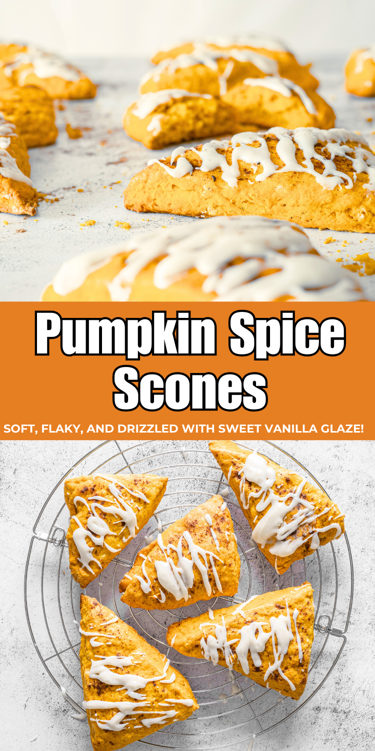 A plate of soft, flaky pumpkin spice scones served with coffee for a family-friendly fall treat.